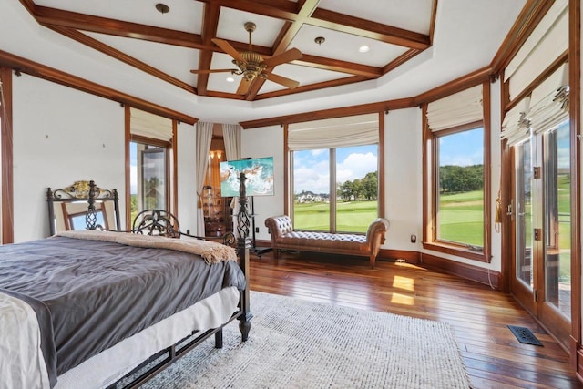 bedroom with coffered ceiling, beamed ceiling, wood-type flooring, access to outside, and ceiling fan