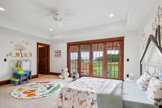 bedroom with ceiling fan, access to exterior, and carpet floors