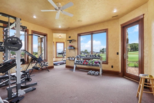 exercise area featuring ceiling fan and carpet floors