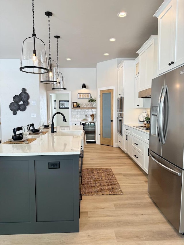 5090 N Cobble Creek Dr, Grand Chute, WI 54913 - kitchen featuring stainless steel fridge with ice dispenser, a sink, beverage cooler, white cabinets, and black electric stovetop