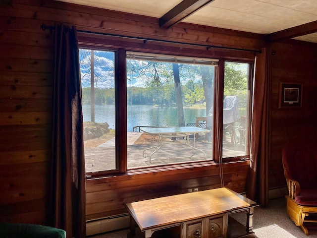 dining space with light carpet, wood walls, a water view, and a baseboard radiator