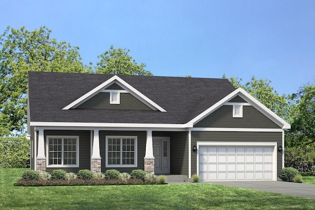 craftsman house with a garage, covered porch, and a front lawn