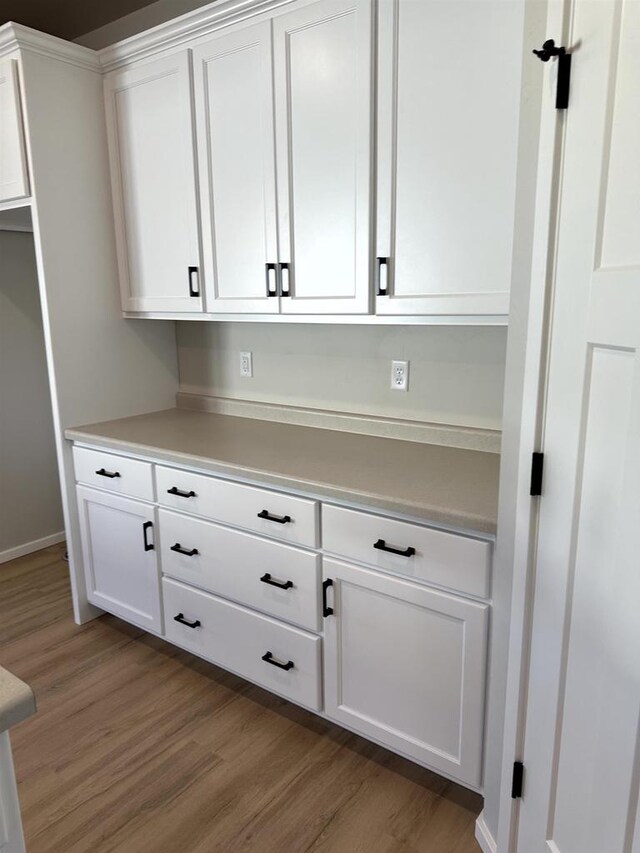 interior space featuring wood finished floors, light countertops, and white cabinetry