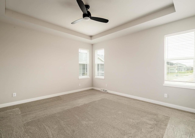 spare room with carpet flooring, ceiling fan, and a raised ceiling