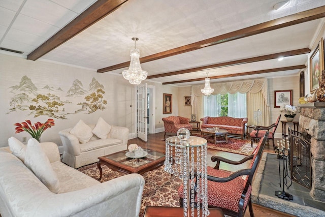 living room with a fireplace, a chandelier, hardwood / wood-style flooring, and beam ceiling