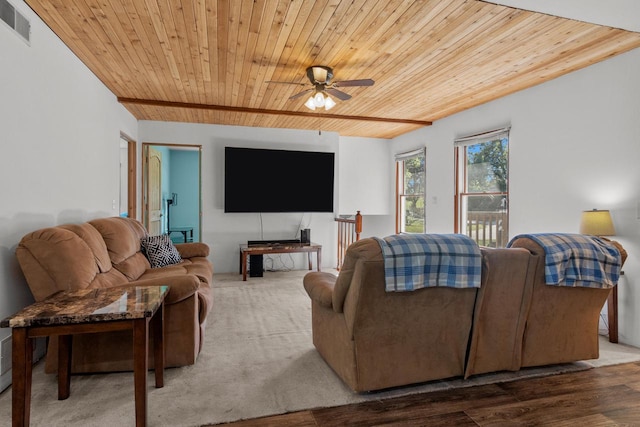 living room featuring wood ceiling, ceiling fan, and hardwood / wood-style floors