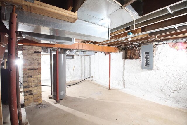 basement with water heater and electric panel