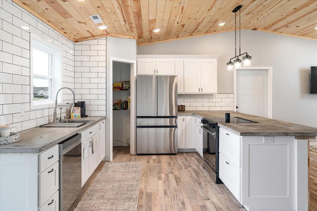 kitchen with decorative light fixtures, wooden ceiling, appliances with stainless steel finishes, light hardwood / wood-style floors, and white cabinets