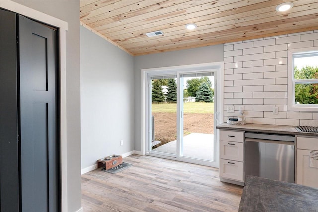 kitchen featuring baseboards, dishwasher, wood ceiling, light wood-type flooring, and decorative backsplash