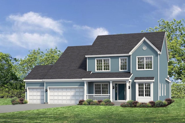 view of front facade featuring a front yard, roof with shingles, driveway, and an attached garage