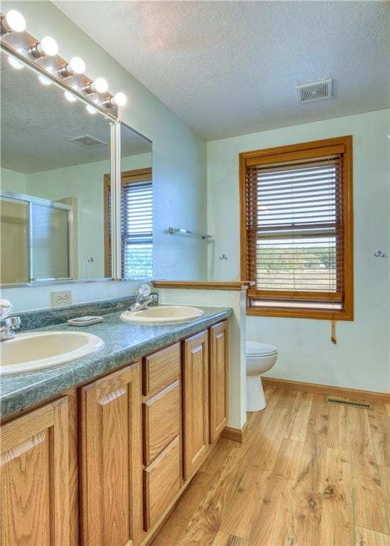 9018N Anderson Rd, Hayward, WI 54843 - full bathroom with double vanity, toilet, wood finished floors, a shower with shower door, and a textured ceiling