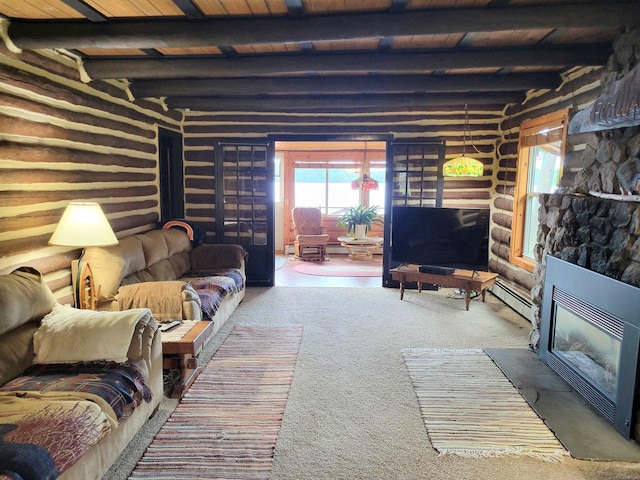 living room with baseboard heating, beamed ceiling, a stone fireplace, and wooden ceiling