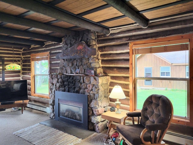 carpeted living room featuring wood ceiling, baseboard heating, beam ceiling, and a stone fireplace