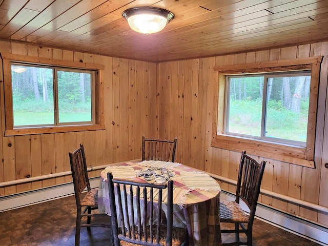 dining area with a healthy amount of sunlight, dark parquet flooring, and wooden walls