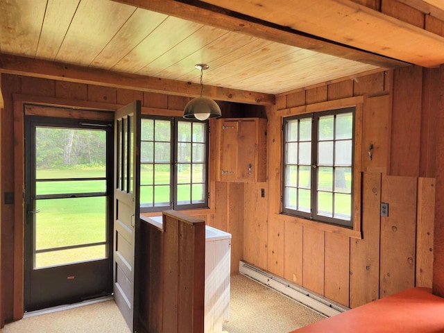 kitchen featuring a baseboard heating unit, pendant lighting, wooden walls, and wooden ceiling