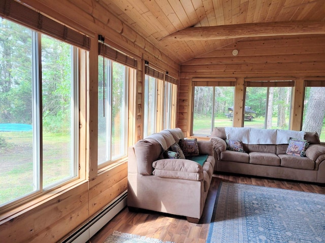 sunroom / solarium featuring baseboard heating, plenty of natural light, and wooden ceiling