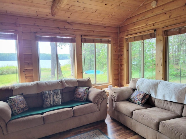 living room with plenty of natural light, lofted ceiling, a water view, and wood ceiling