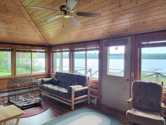 sunroom with a water view, ceiling fan, wood ceiling, and plenty of natural light