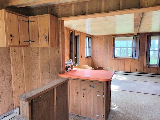 kitchen featuring wooden ceiling, baseboard heating, wood walls, and carpet flooring