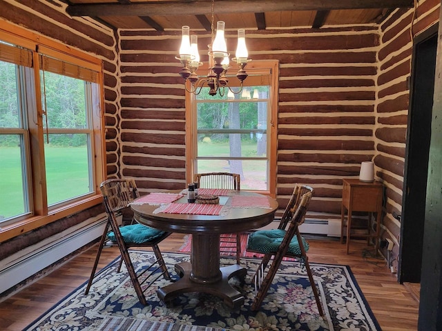 dining space featuring an inviting chandelier, hardwood / wood-style floors, beamed ceiling, and wooden ceiling