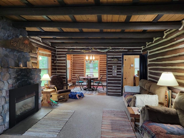 living room featuring wood ceiling, a healthy amount of sunlight, log walls, and a stone fireplace