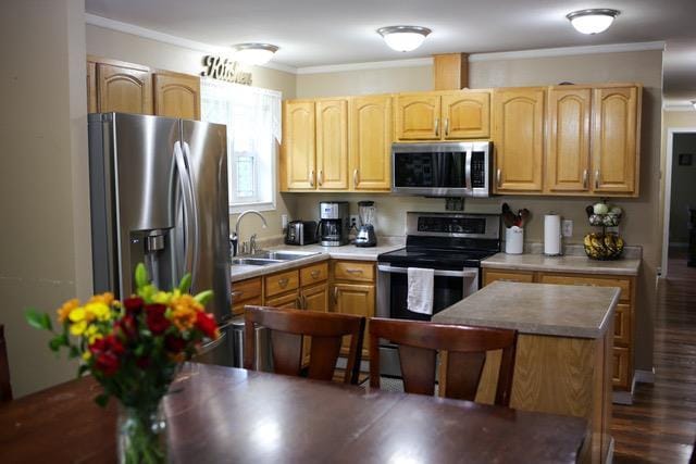 kitchen featuring a kitchen island, dark hardwood / wood-style flooring, stainless steel appliances, ornamental molding, and sink