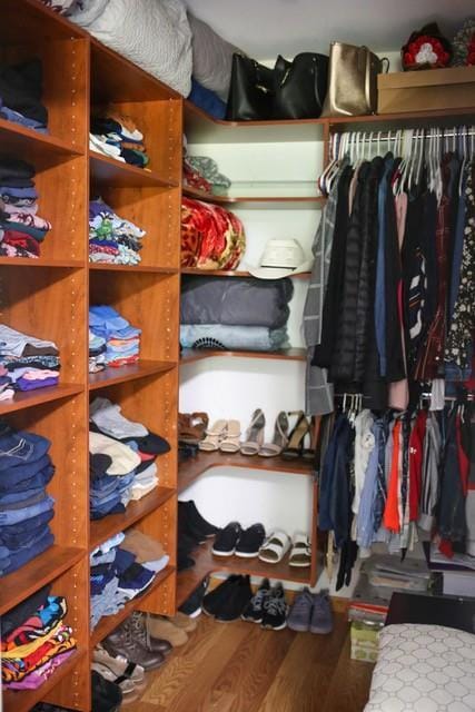 walk in closet with hardwood / wood-style flooring