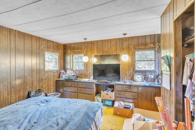 bedroom with wood walls and carpet