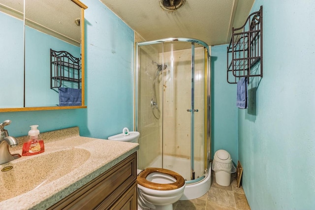 bathroom with vanity, toilet, a textured ceiling, and a shower with door