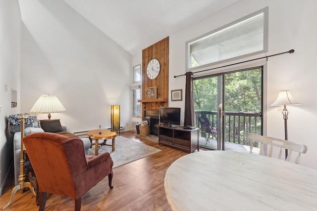 living room with high vaulted ceiling, a wealth of natural light, and hardwood / wood-style flooring