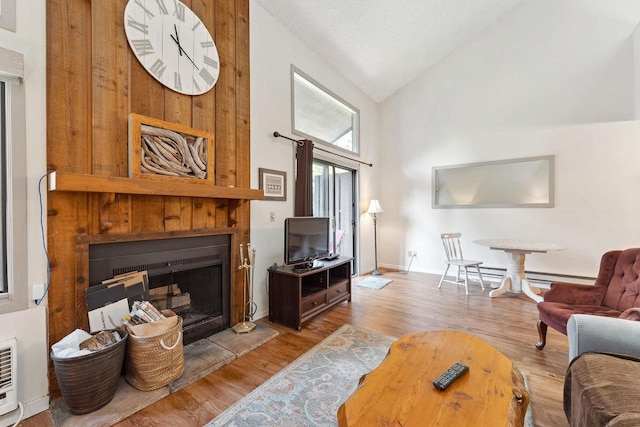 living room featuring high vaulted ceiling, light hardwood / wood-style floors, and a textured ceiling