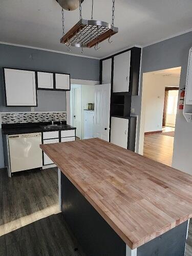 1646 Kane St, La Crosse, WI 54603 - kitchen with dishwasher, dark wood-style floors, white cabinetry, wood counters, and a sink