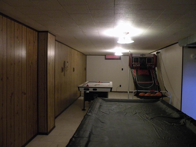 basement with wooden walls