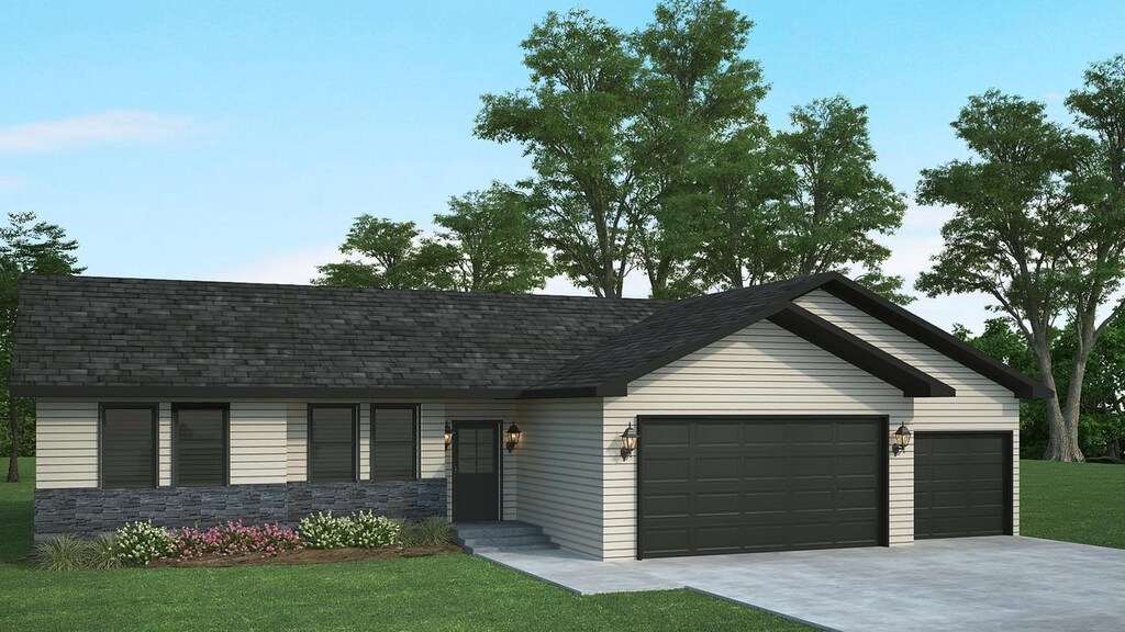 922 Colt Dr, Belleville, WI 53508 - view of front facade with an attached garage, a shingled roof, driveway, and a front yard