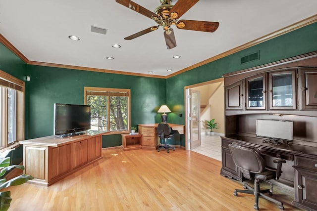 office area featuring ceiling fan, light hardwood / wood-style flooring, and ornamental molding