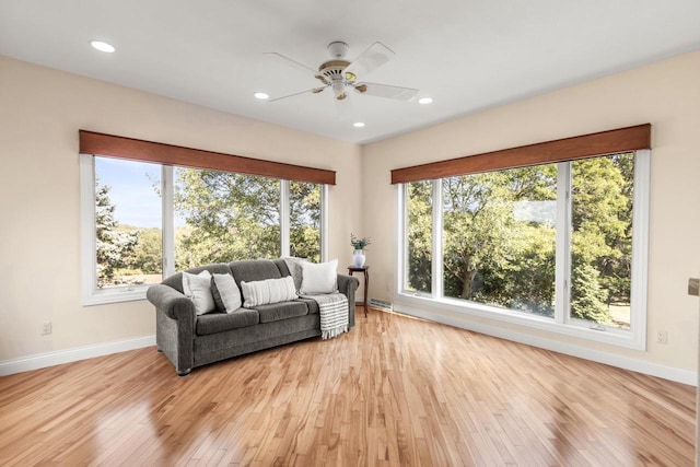 living room featuring a wealth of natural light, light hardwood / wood-style floors, and ceiling fan