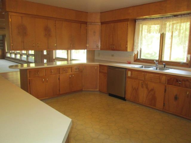 kitchen with dishwasher, kitchen peninsula, and sink