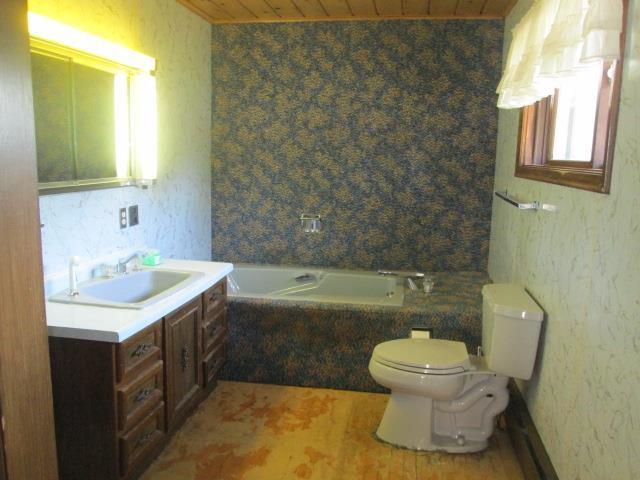 bathroom featuring toilet, a bathing tub, wooden ceiling, and vanity