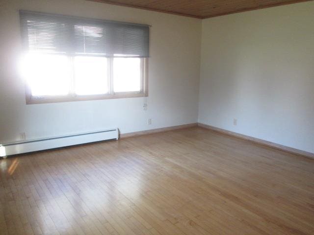 unfurnished room featuring ornamental molding, a baseboard radiator, and light hardwood / wood-style floors