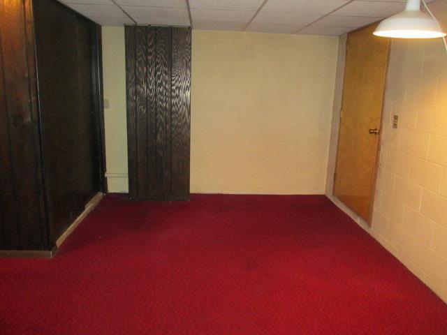 spare room featuring carpet flooring and a drop ceiling