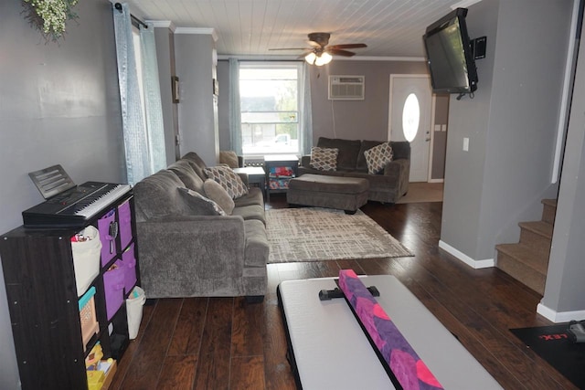 living room with ceiling fan, dark hardwood / wood-style flooring, an AC wall unit, wood ceiling, and ornamental molding