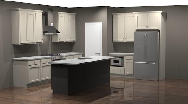 kitchen with white cabinetry, wall chimney exhaust hood, stainless steel appliances, and a center island