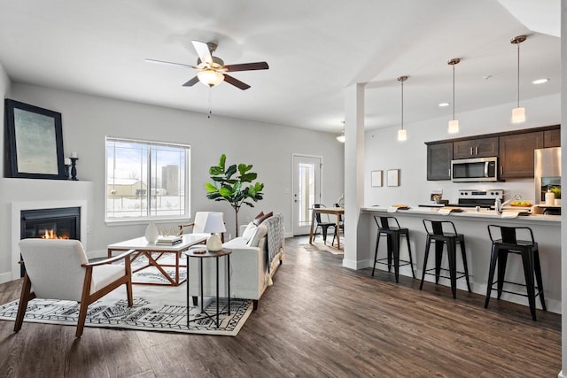 living room featuring ceiling fan and dark hardwood / wood-style flooring