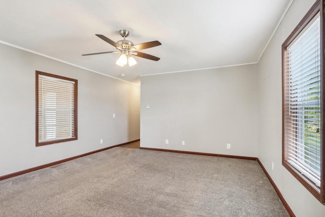 unfurnished room featuring ceiling fan, crown molding, carpet, and a healthy amount of sunlight