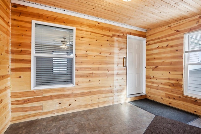 unfurnished room featuring wooden ceiling and wooden walls