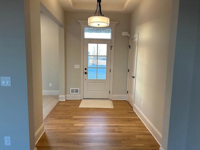 doorway featuring light hardwood / wood-style floors and a tray ceiling