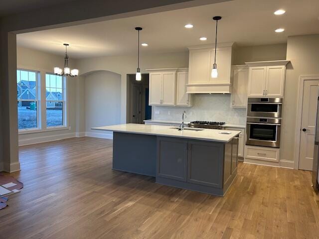 kitchen featuring decorative backsplash, white cabinetry, stainless steel appliances, and a kitchen island with sink