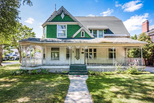 victorian house featuring covered porch and a front yard