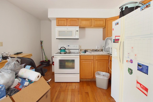 kitchen featuring white appliances, light hardwood / wood-style flooring, and sink