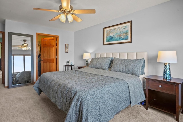 bedroom featuring ceiling fan and light colored carpet